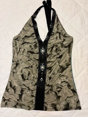 Krista Lee Beaded Halter Abstract Tank Top M Black Gray Blue 100% Rayon